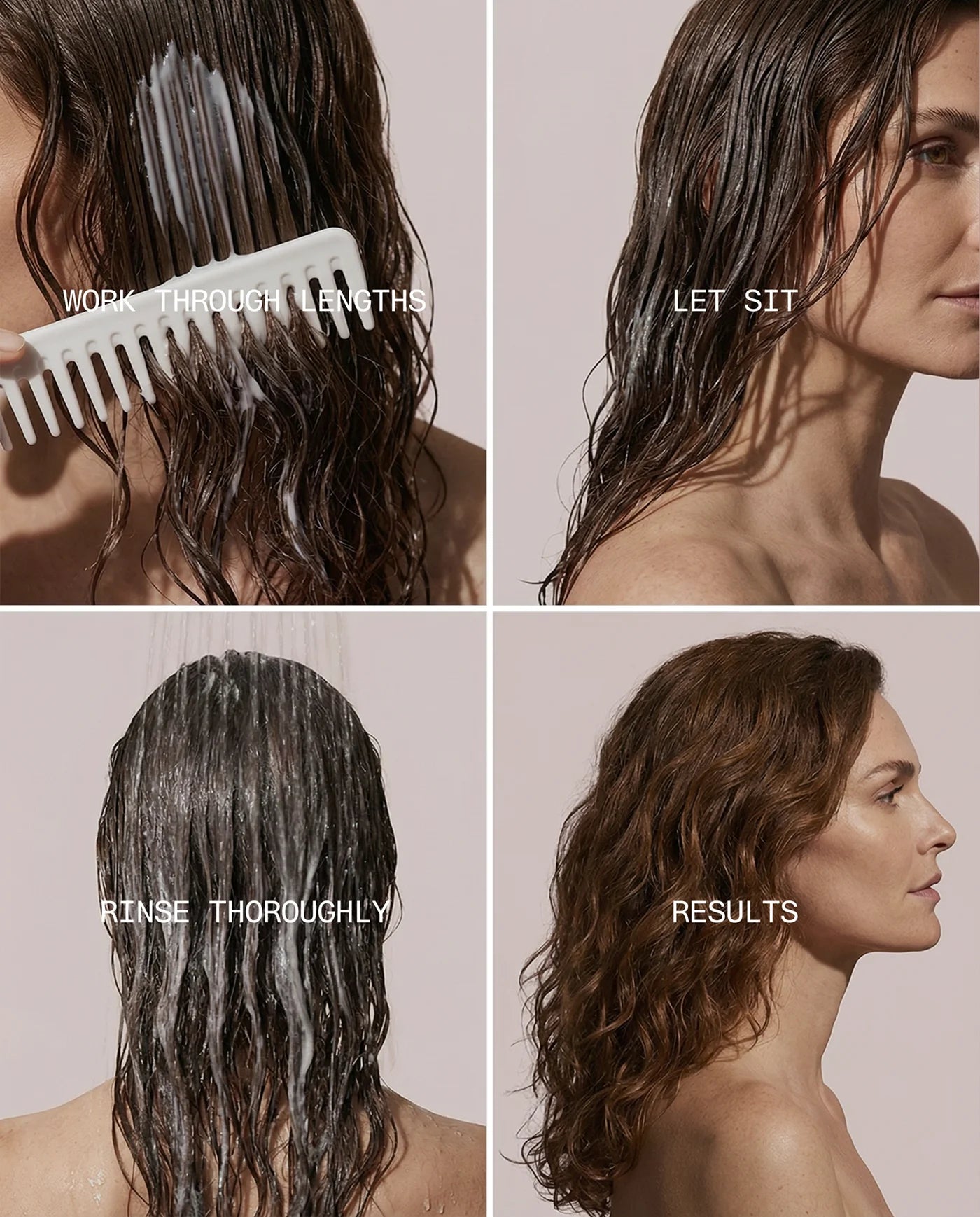 Step-by-step Anti-Frizz conditioner guide with text labels on a plain background