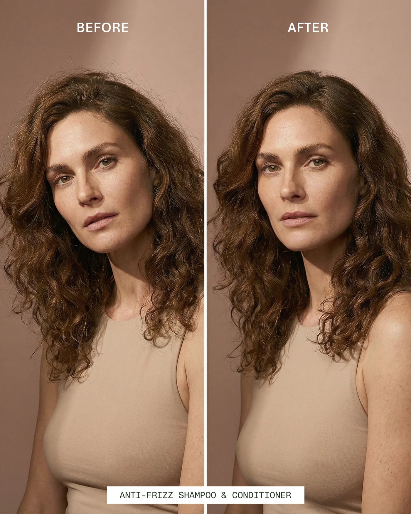 Before and after comparison of a woman with curly hair against a beige background, featuring an anti-frizz shampoo and conditioner from René Fris.