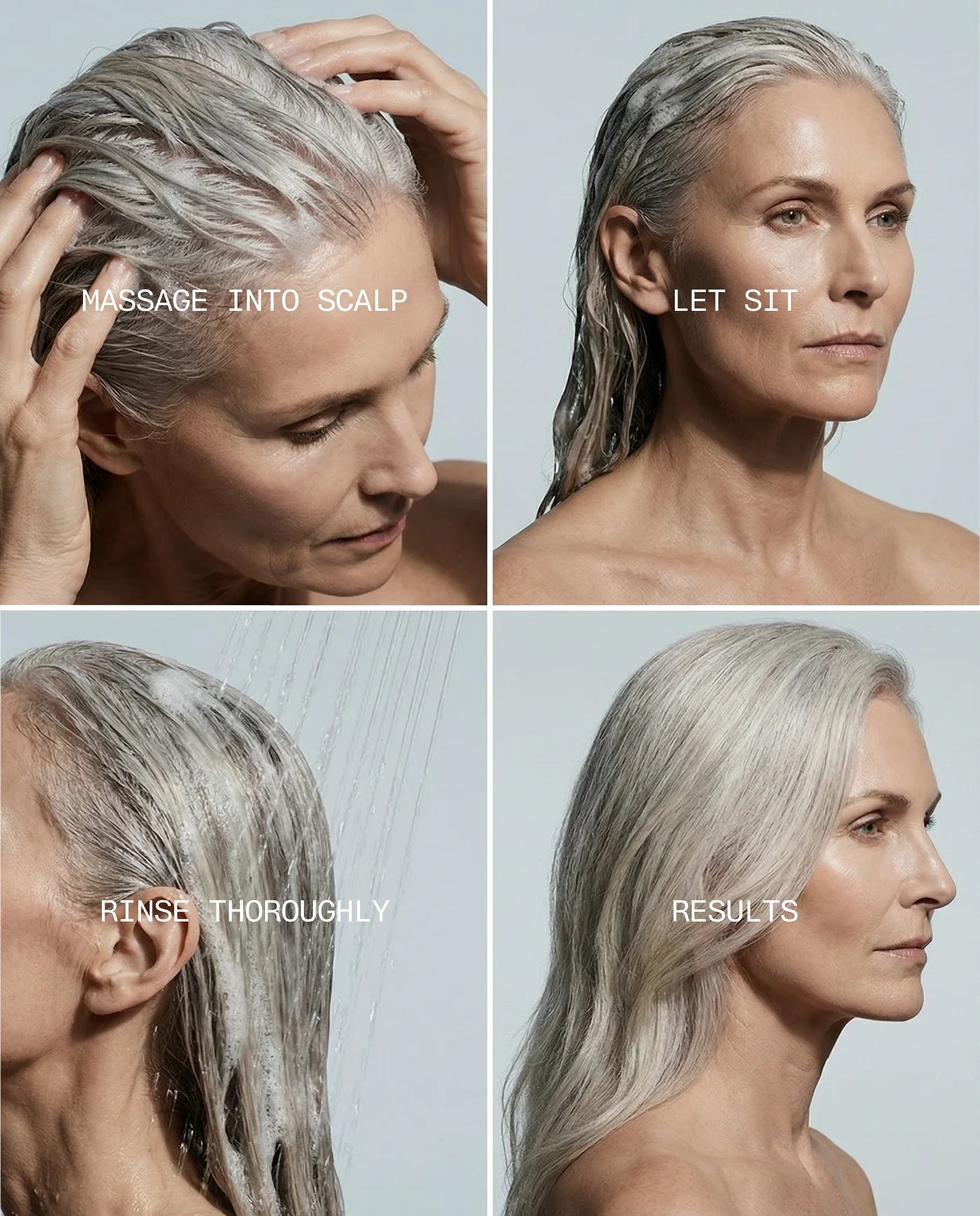 Step-by-step guide to René Fris Hair Shampoo with text instructions on a neutral pale blue background