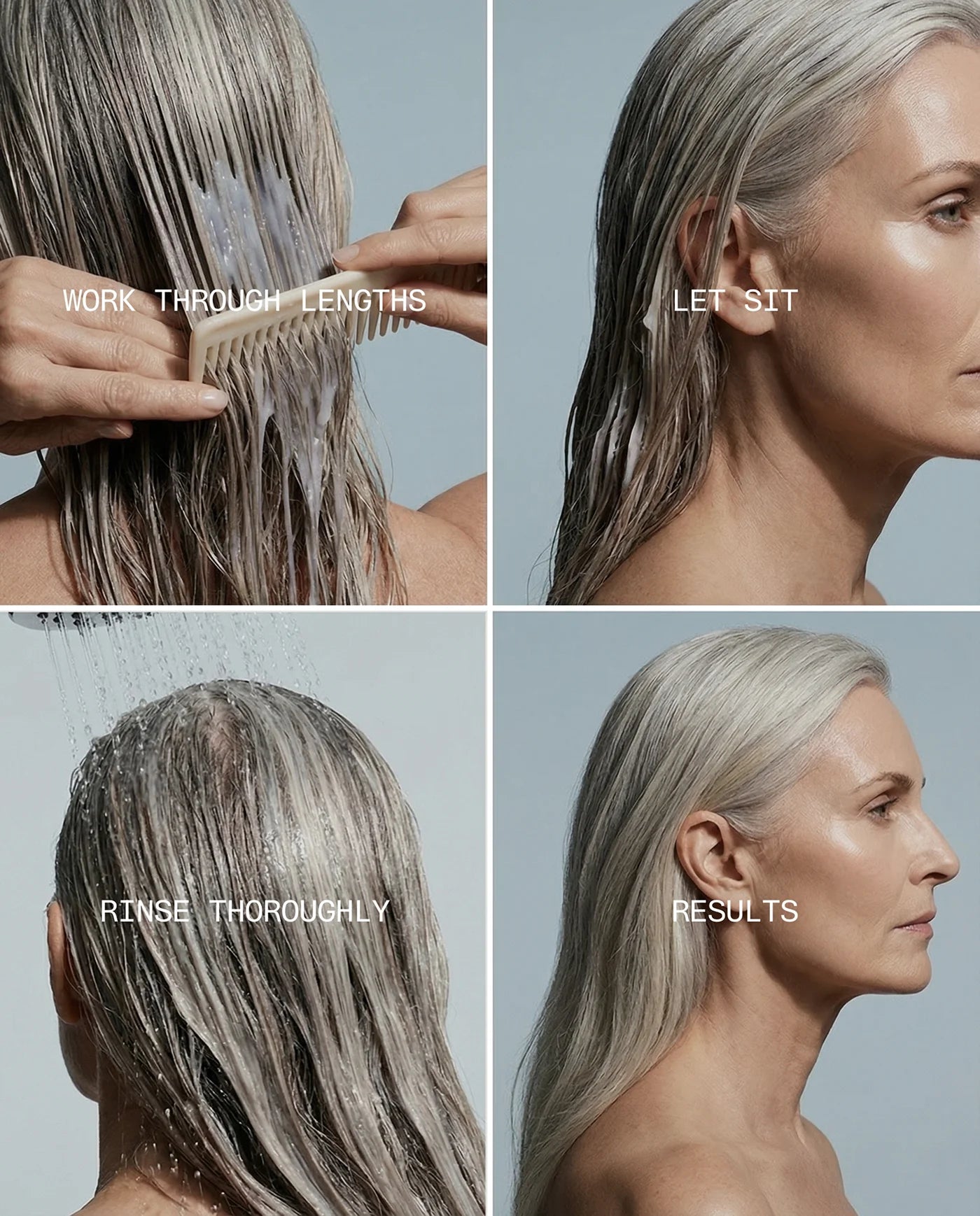 Step-by-step guide on how to use René Fris Hair Conditioner to washing hair with text labels on a gray background