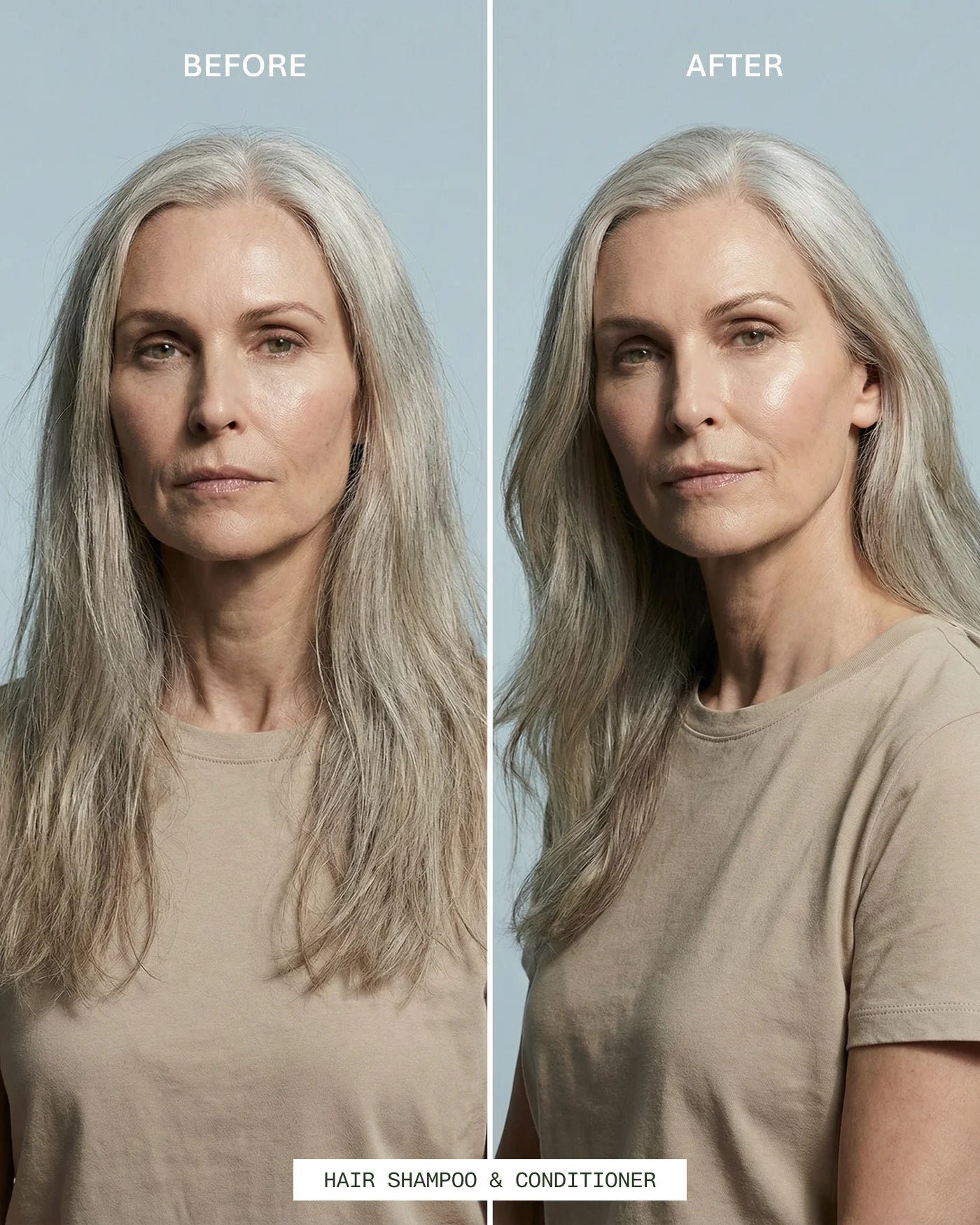 Before and after comparison of the Hair Shampoo & Conditioner with a woman with gray hair wearing a beige shirt on a light blue background.