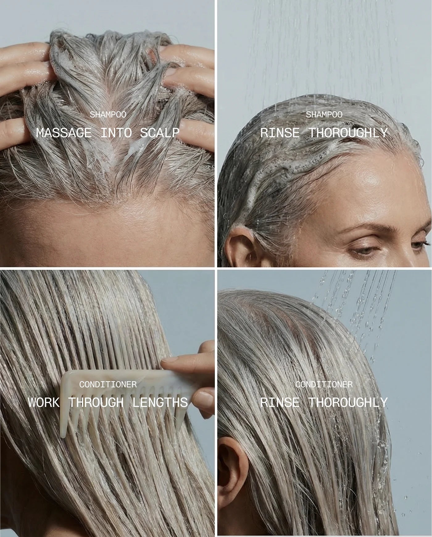 Step-by-step hair care routine for René Fris Hair Shampoo & Conditioner with shampoo, rinse, and conditioner application on a person's hair.