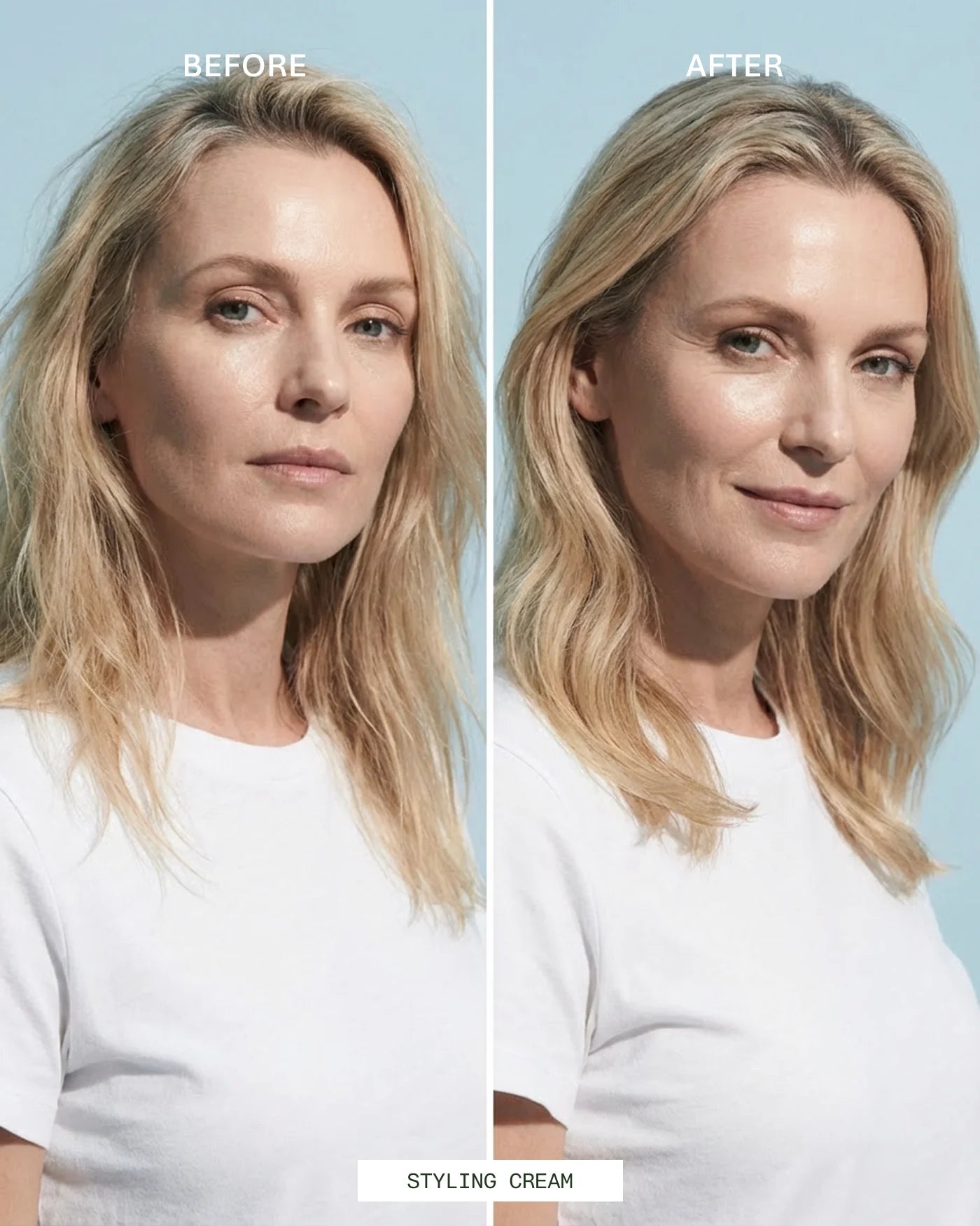 Before and after comparison of a woman's hair styled with a product labeled 'Styling Cream'.