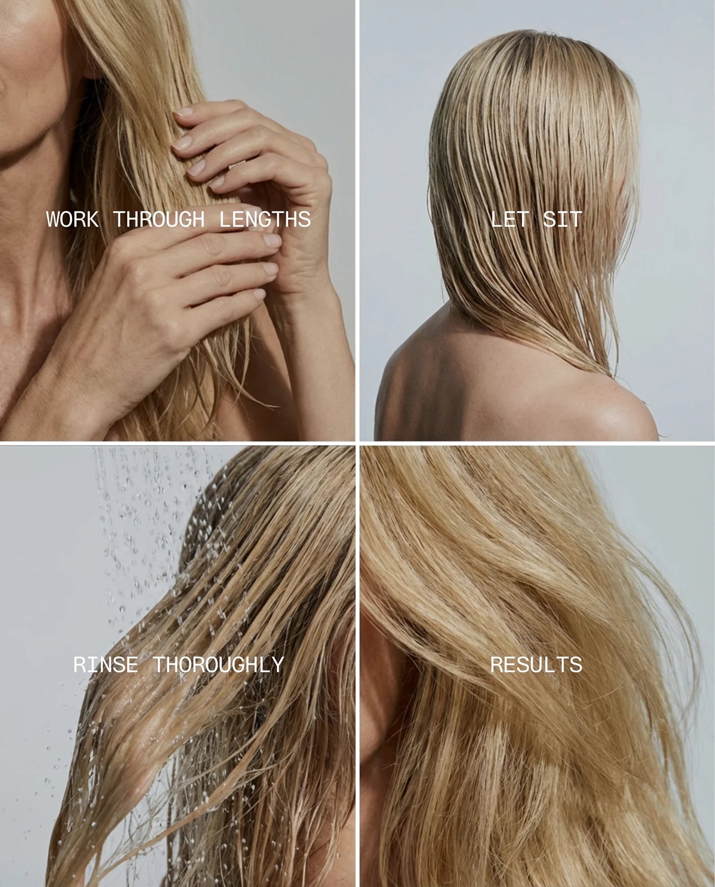 Step-by-step hair care guide on how to use René Fris Thickening Conditioner with text labels on a neutral background