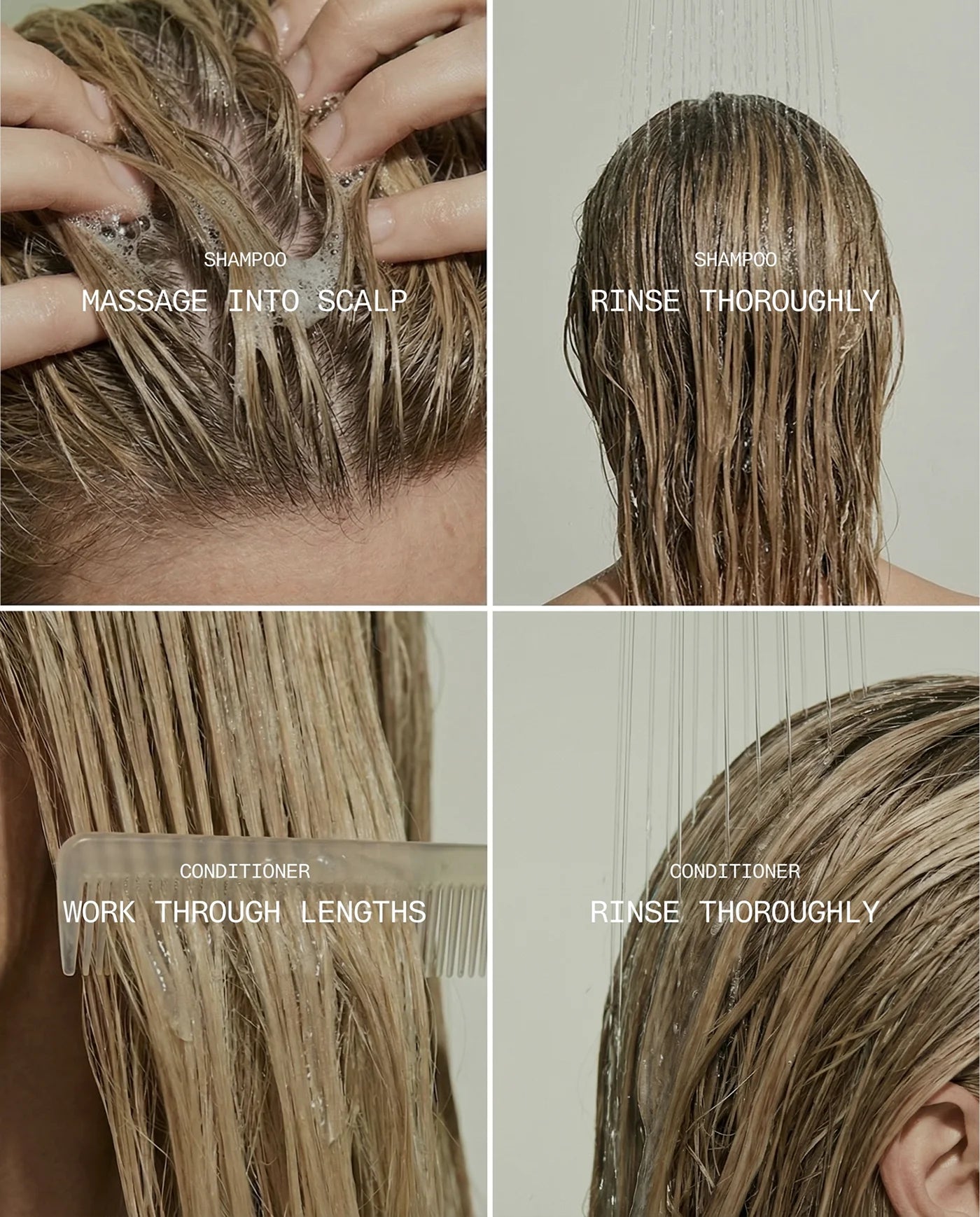 Step-by-step for Thickening Shampoo & Conditioner hair care routine with shampoo, rinse, conditioner, and combing.