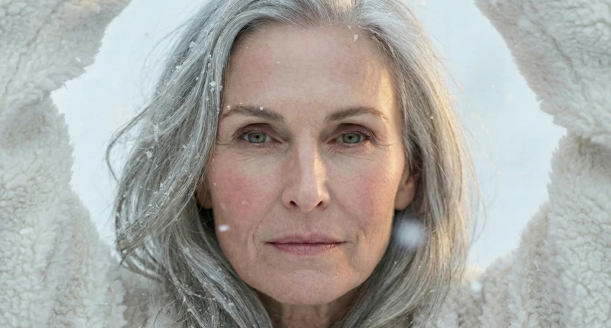 Woman with gray hair standing in a snowy landscape