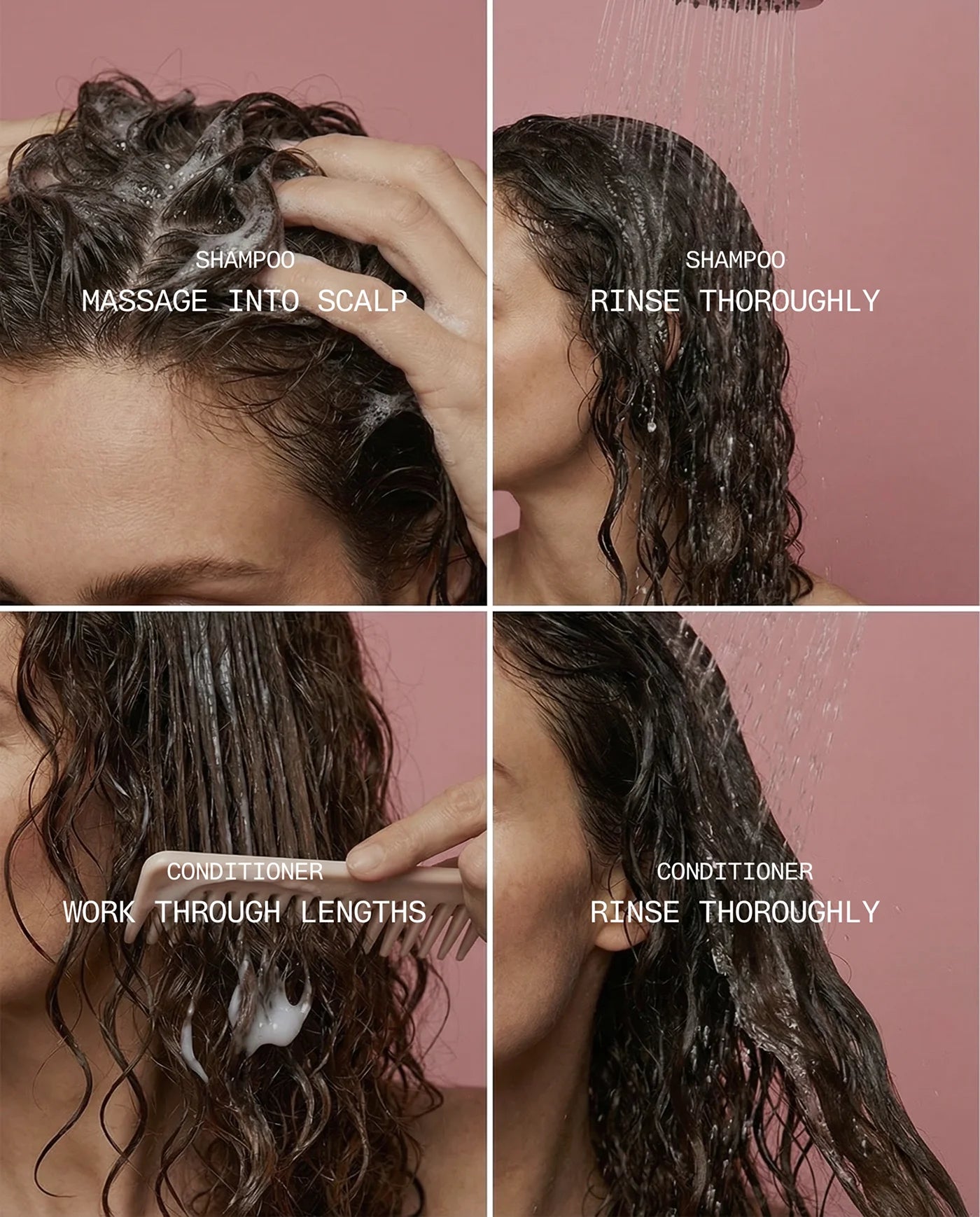 Step-by-step hair care guide for René Fris Anti-Frizz Shampoo and Anti-Frizz Conditioner with shampoo, conditioner, and rinse on a pink background