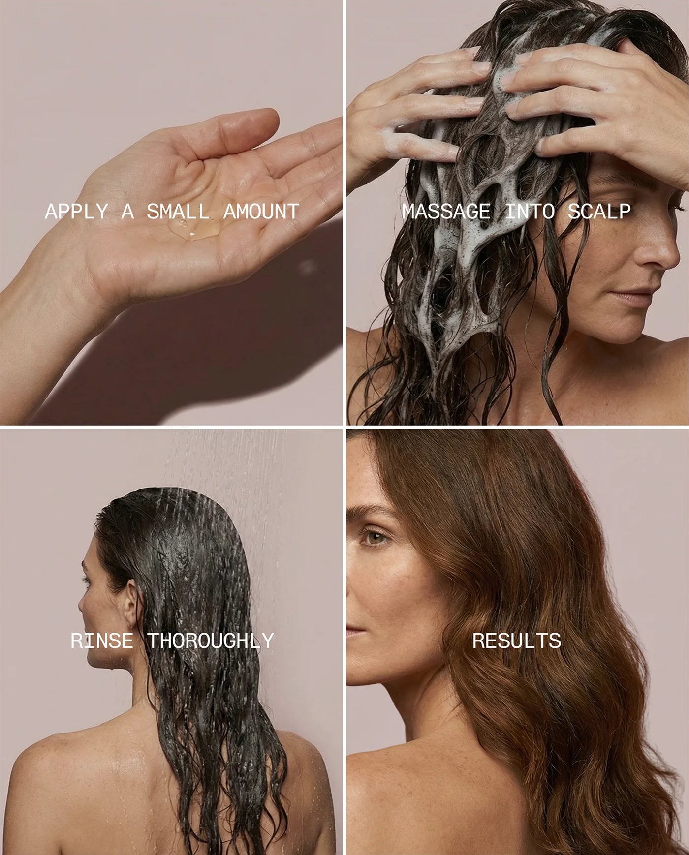 Step-by-step guide on how to use René Fris Anti-Frizz shampoo to hair with text instructions.