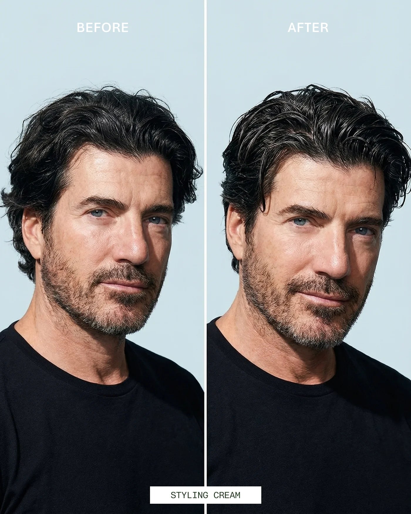 Before and after comparison of Styling Cream with a man with styled hair against a light blue background.
