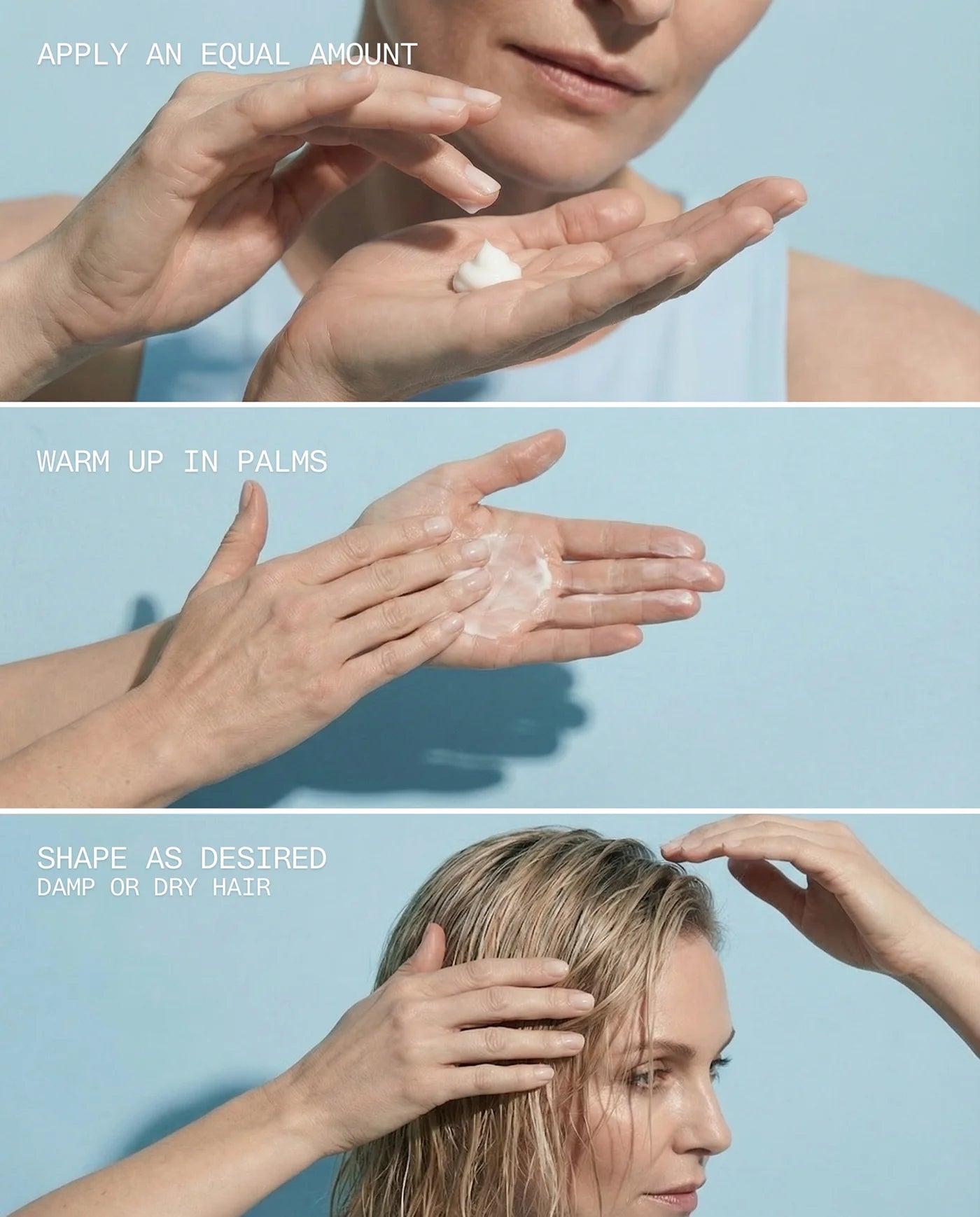 Step-by-step guide on applying René Fris Styling Cream with close-up of hands and head.