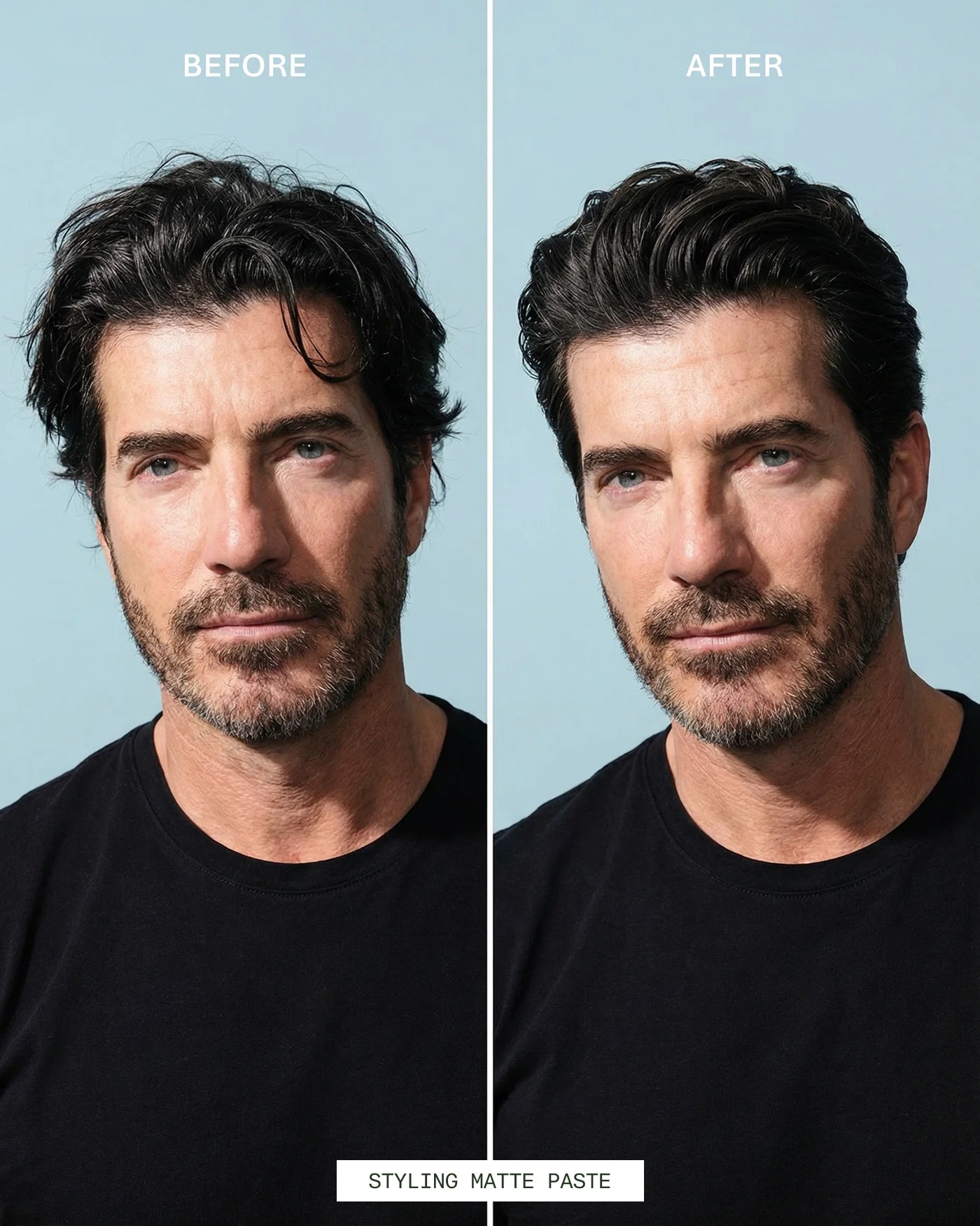 Before and after comparison of a man with styled hair using a styling matte paste.