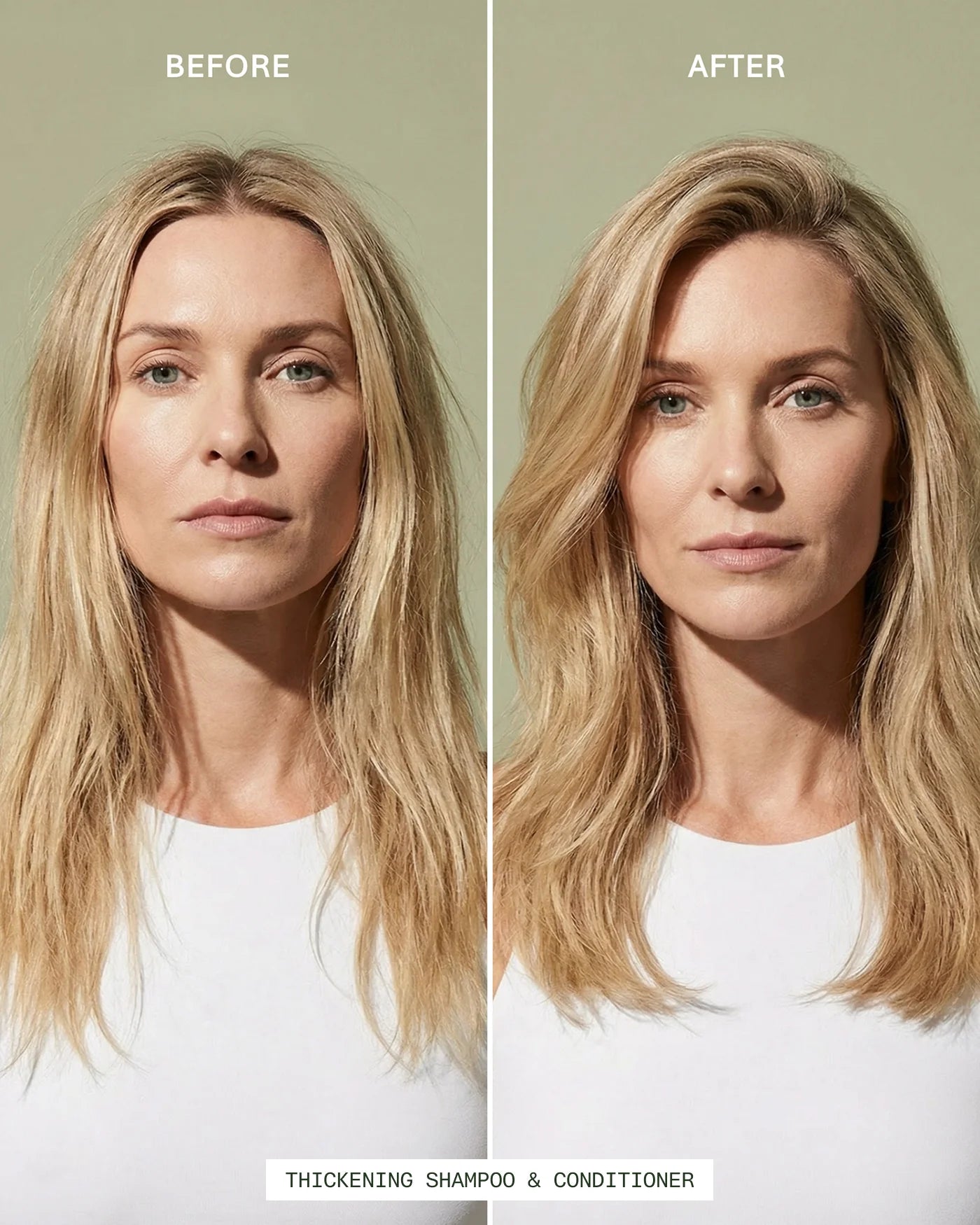 Before and after comparison of a woman with blonde hair using thickening shampoo and conditioner.