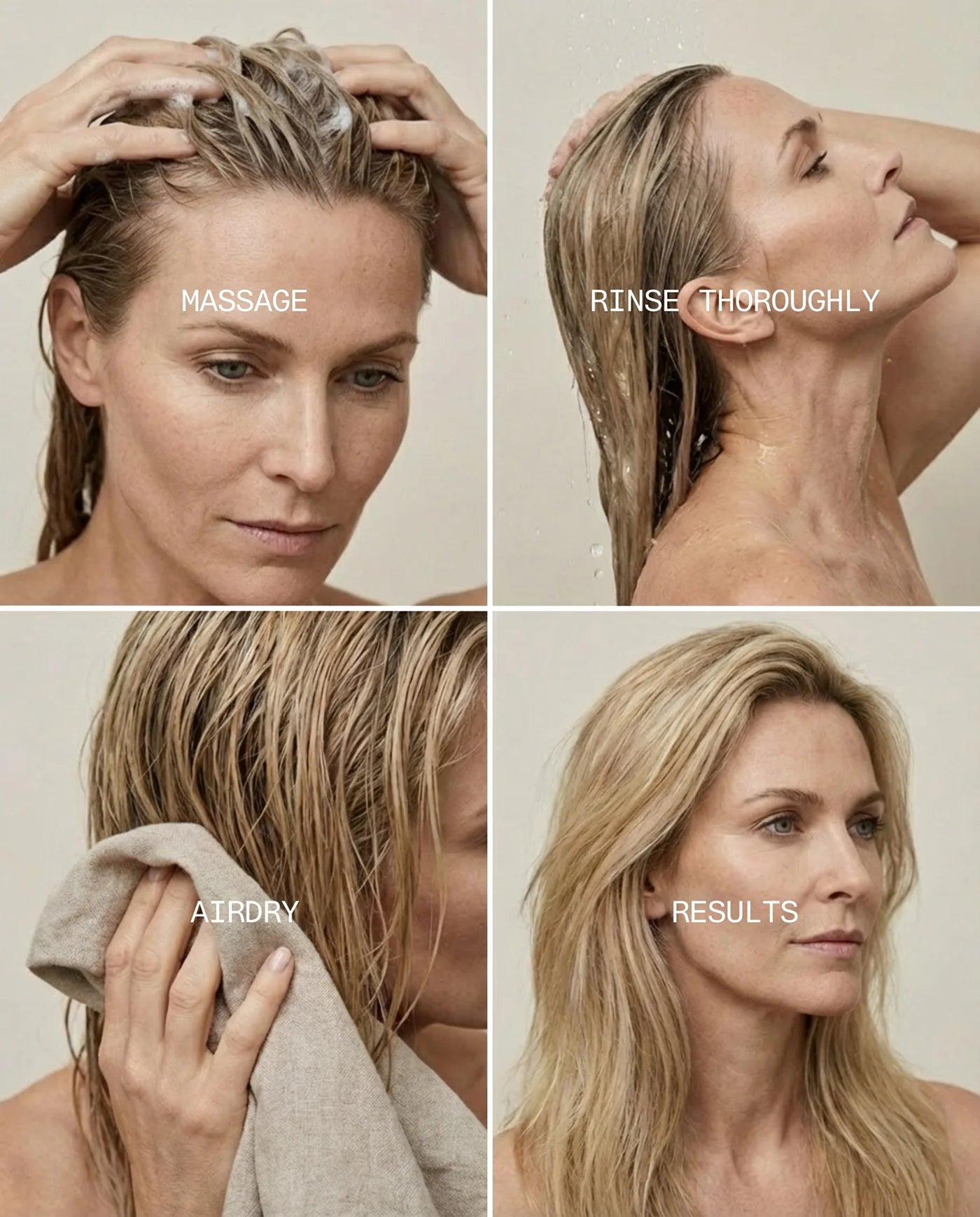 Thickening Shampoo step-by-step hair care guide with a woman washing and drying her hair.